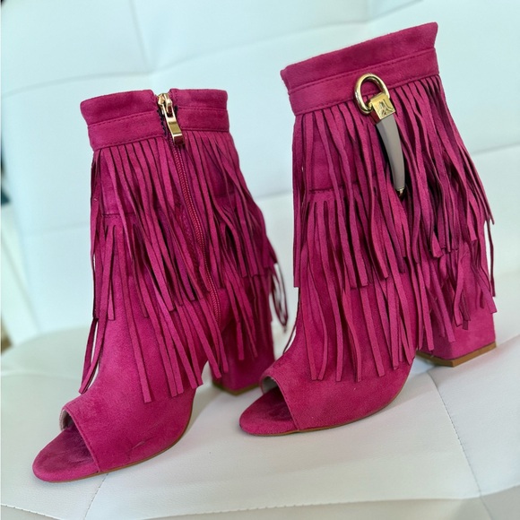 FSJ Shoes - FSJ Pink Heeled Boots with Fringe - LIKE NEW (worn once)